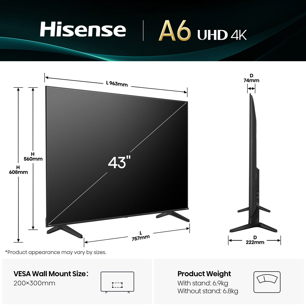 Hisense 43A6Q размери диагонал 43 инча и VESA монтаж
